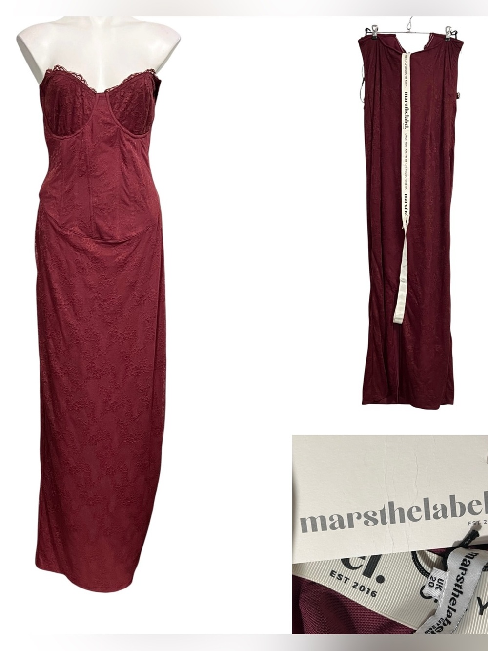 Mars the Label Strapless Maxi Dress Burgundy Lace-Detail UK 20/US 16 formal sexy
